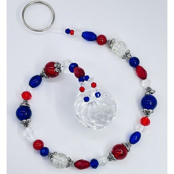 Beaded Suncatcher Red Blue Clear Crystal Prism Hanging Patio Decor Yard Art Tree - Picture 1 of 10